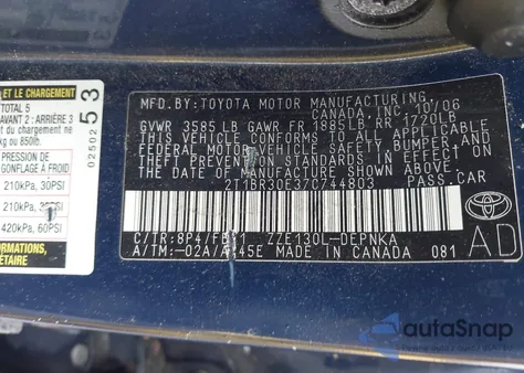 2007 Toyota Corolla Ce/Le/S z USA, uszkodzony, nr VIN 2T1BR30E37C744803